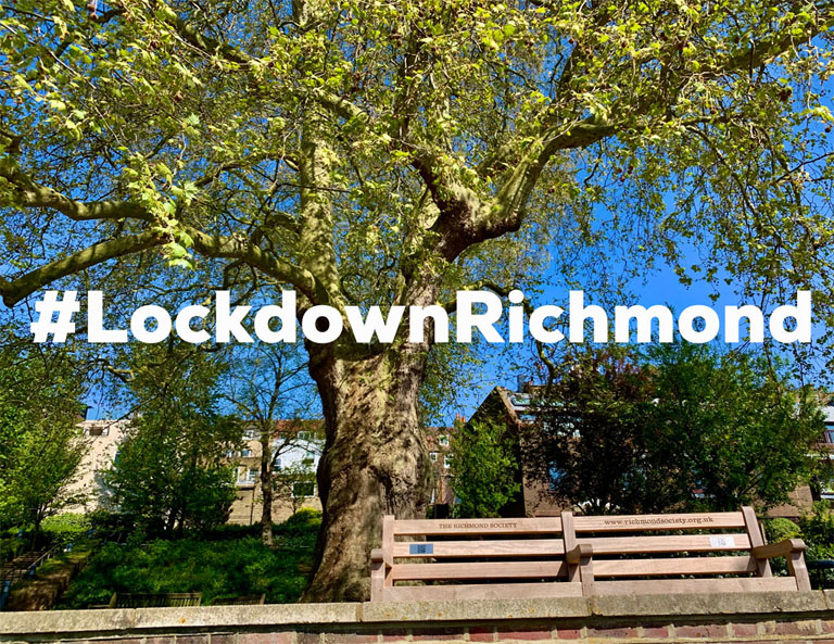 Photo of benches at Bridge House Gardens with Lockdown Richmond hashtag