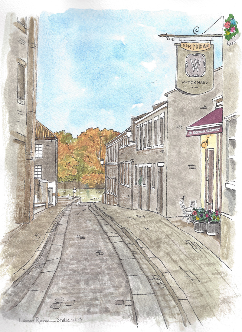 Watercolour of the view down Water Lane, Richmond, painted by Lamar Raine